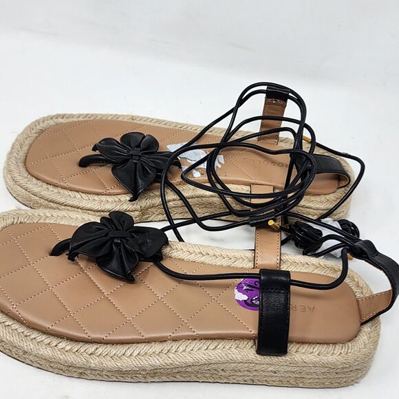 Aerosoles Fanie Lace Up Black Leather Flower Espadrilles Sandals Size 9.5 Black - Picture 11 of 14